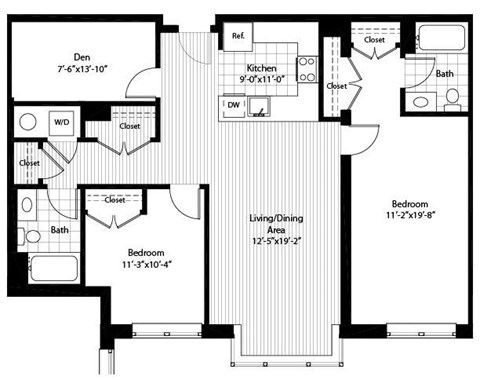 Floor plan for 2 beds, 2 baths, 1264 sqft